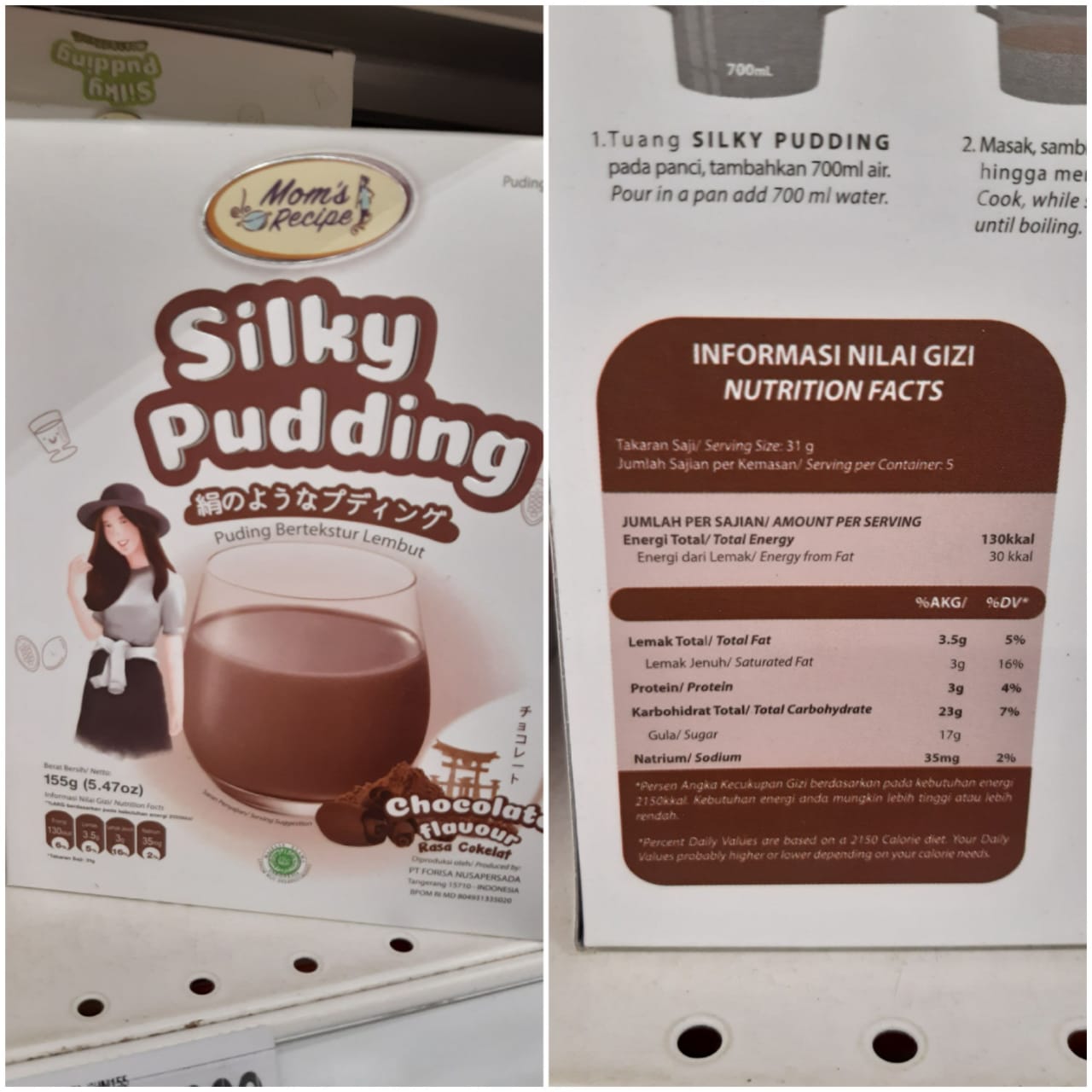 Nilai kandungan gizi Mom's Recipe Silky Pudding rasa