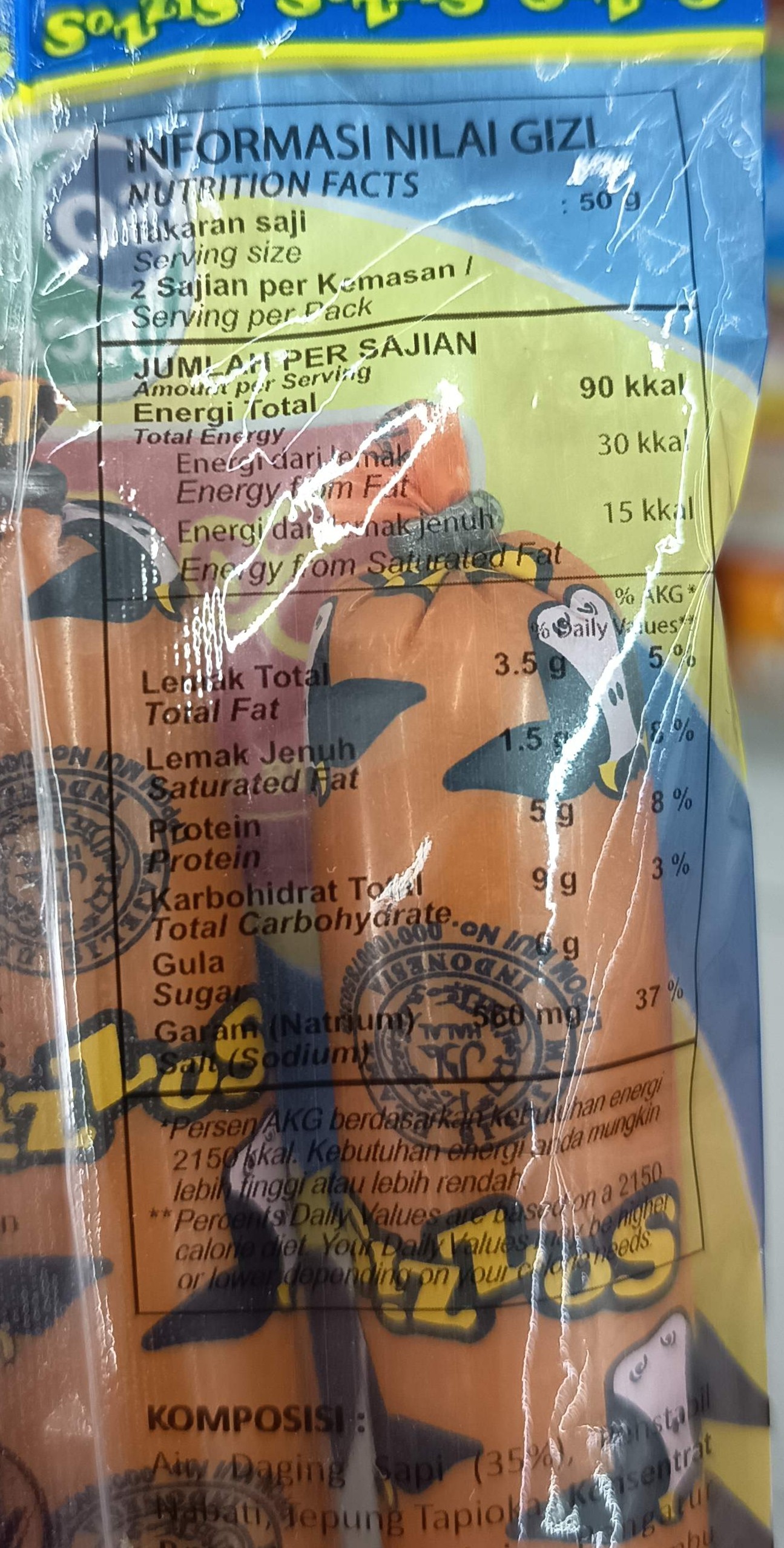 Sozzi's Sapi Nilai kandungan gizi So Nice Sozzis Sapi 75g