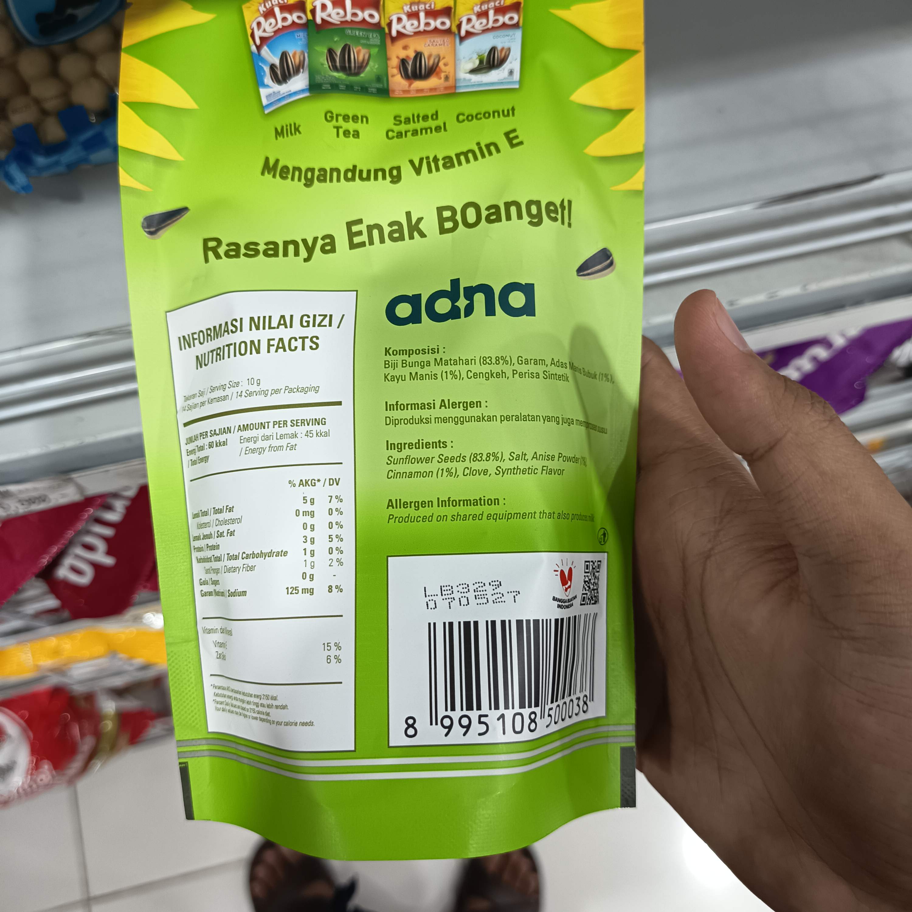 Nilai kandungan gizi Kuaci Rebo Rasa Original 140g